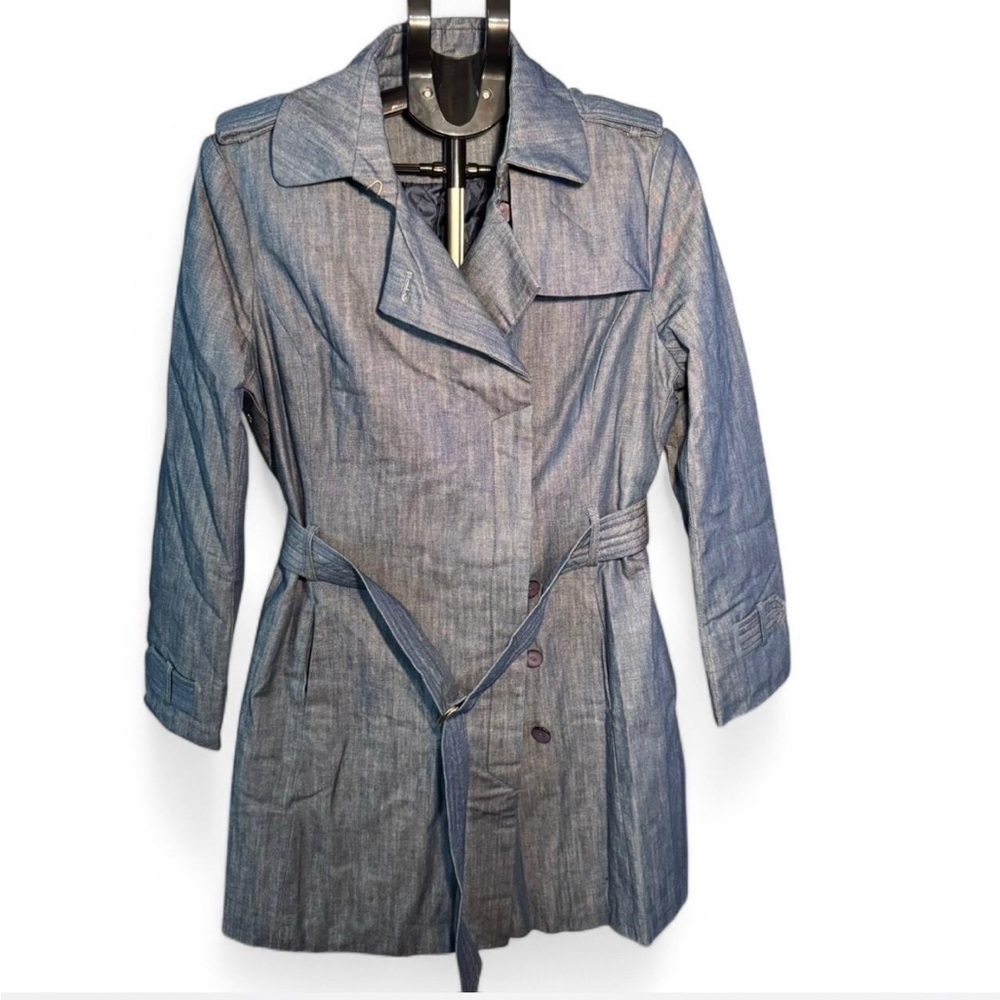 Massimo Dutti Women Blue Chambray Trench Coat Belted Cotton Jacket Size 38 M